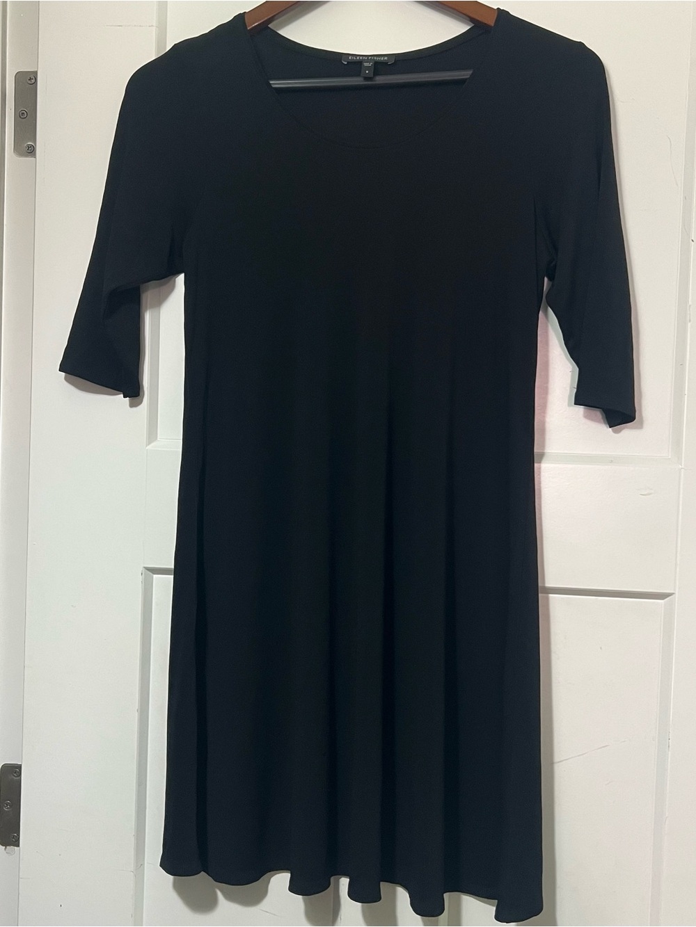 Eileen Fisher Black Stretch Silk Jersey A-Line Swing Dress Minimalist Elbow S